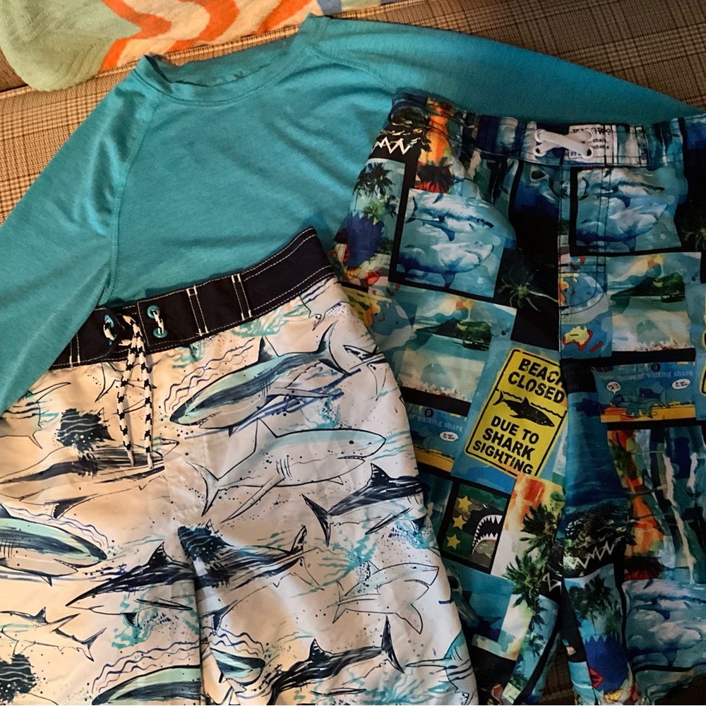 SET Sz10-12 Board Shorts & Rash Guard Swim Trunks + RashGuard Size 10-12